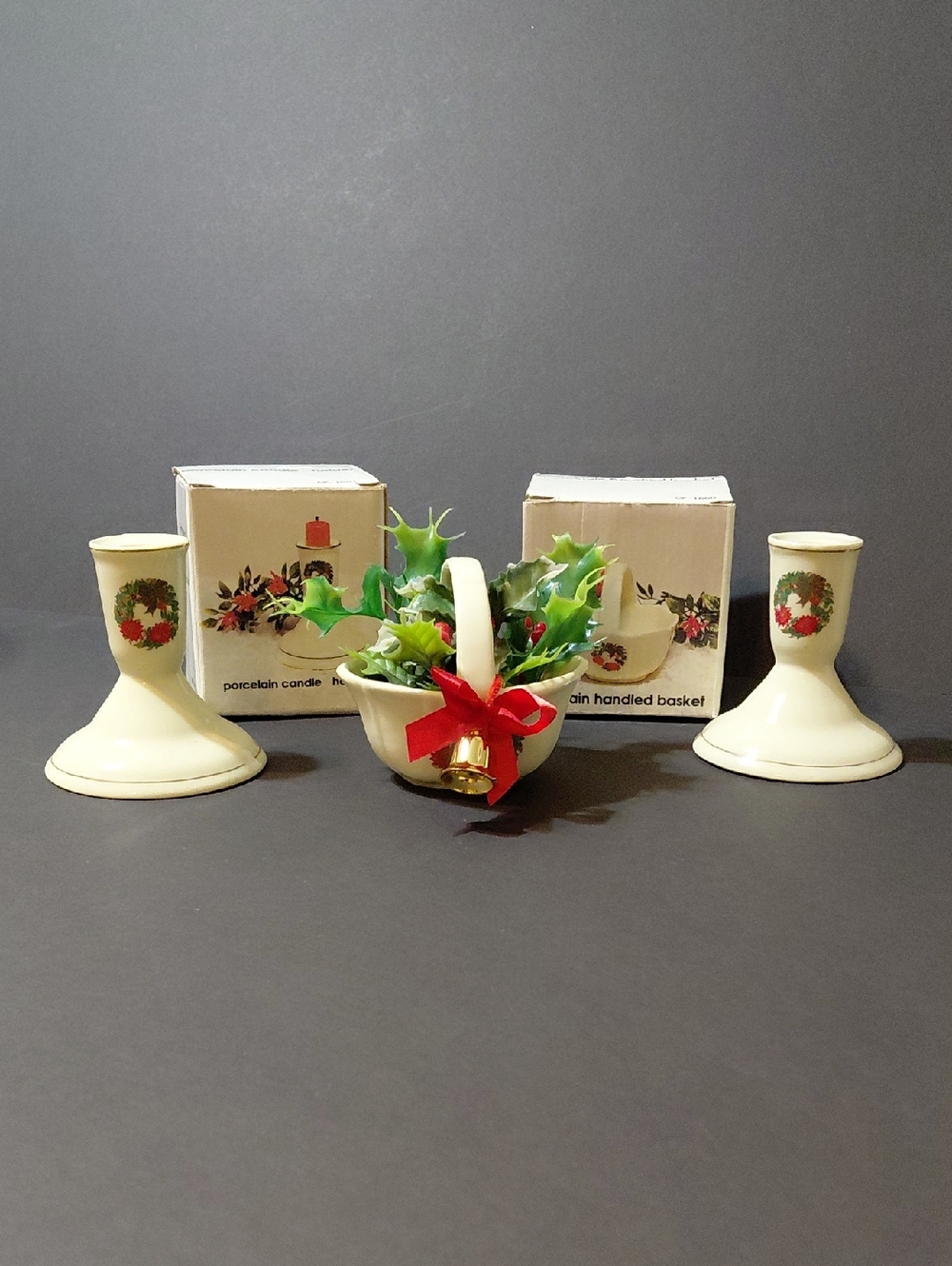Vintage Porcelain Candle Holders & Handled Basket with Holly Leaves & Berries